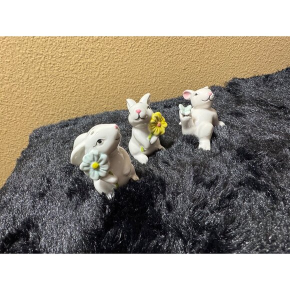 Vintage Ceramic Bunny Figurines With Flowers & Butterfly Spring Decor Set Of 3 - Picture 5 of 8